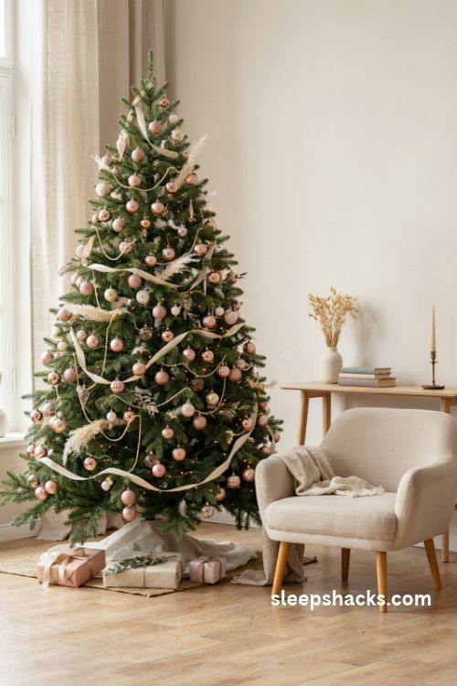 Blush pink and gold christmas tree with pearl garland champagne ribbon and warm lights