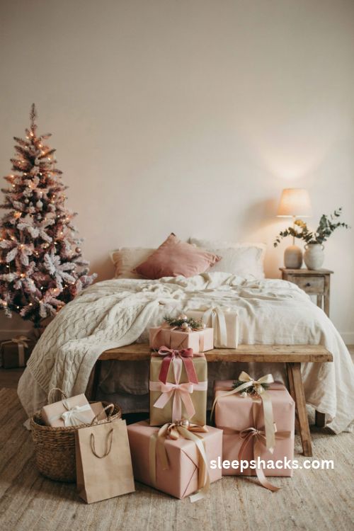 Blush pink and gold wrapped christmas gifts at the foot of an ivory bed with velvet ribbons and pine sprigs