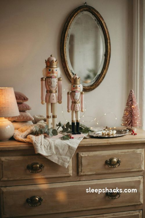 Blush pink and ivory christmas nutcrackers on a vintage bedroom dresser with warm fairy lights and gold accents