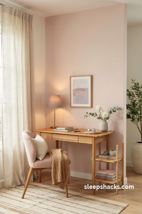 Blush pink and warm white feminine home office with a natural wood desk, linen curtains, cozy wool textures, and elegant neutral decor