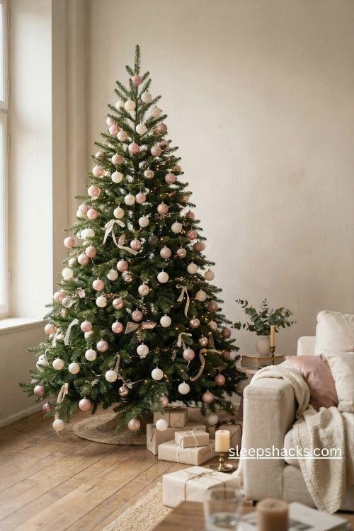 Blush pink and white Christmas tree with elegant glass ornaments and warm lights
