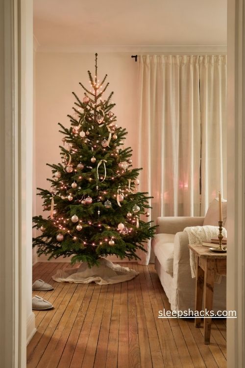 Blush pink christmas tree lights with champagne gold ornaments and a warm rosy evening glow