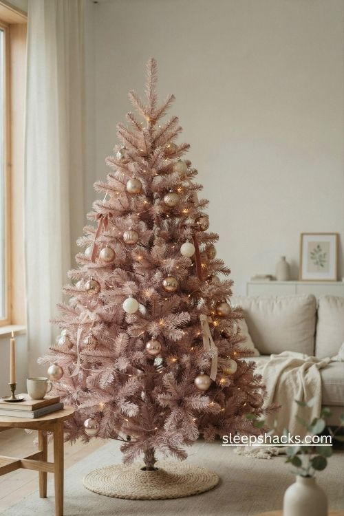 Blush pink christmas tree with a frosted finish and elegant champagne gold ornaments in a cozy living room