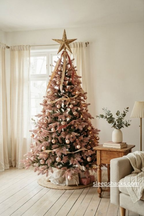 Blush pink christmas tree with an oversized champagne gold star topper and cascading satin ribbons