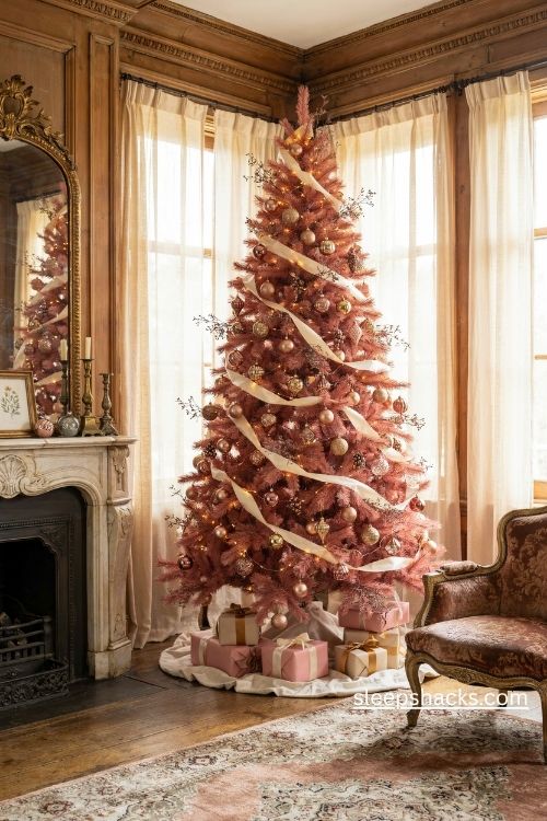 Blush pink christmas tree with antique gold ornaments and cream satin ribbon in a victorian parlor