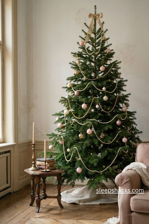 Blush pink christmas tree with ivory pearl garlands champagne bows and vintage elegance