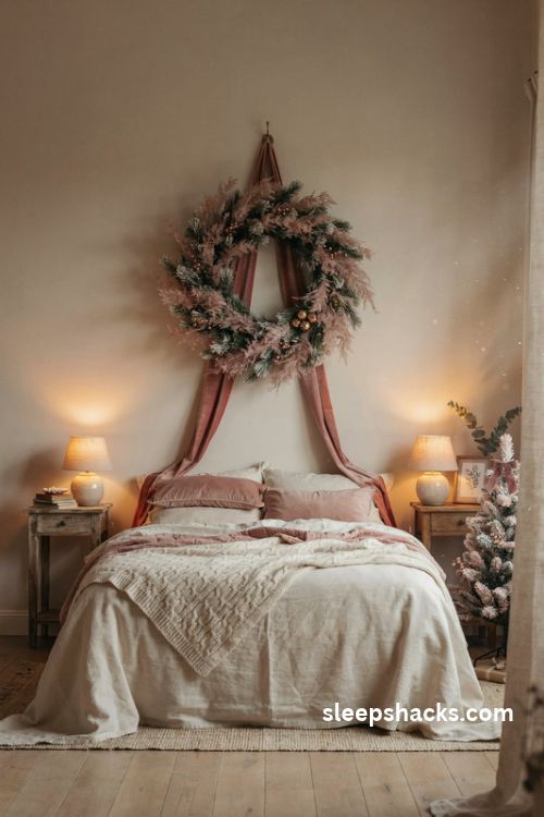 Blush pink christmas wreath above the bed with a velvet ribbon gold berry accents and cozy ivory bedding