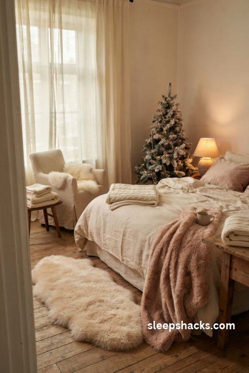 Blush pink faux fur throw and fluffy bedside rug with ivory knit bedding in a cozy christmas bedroom