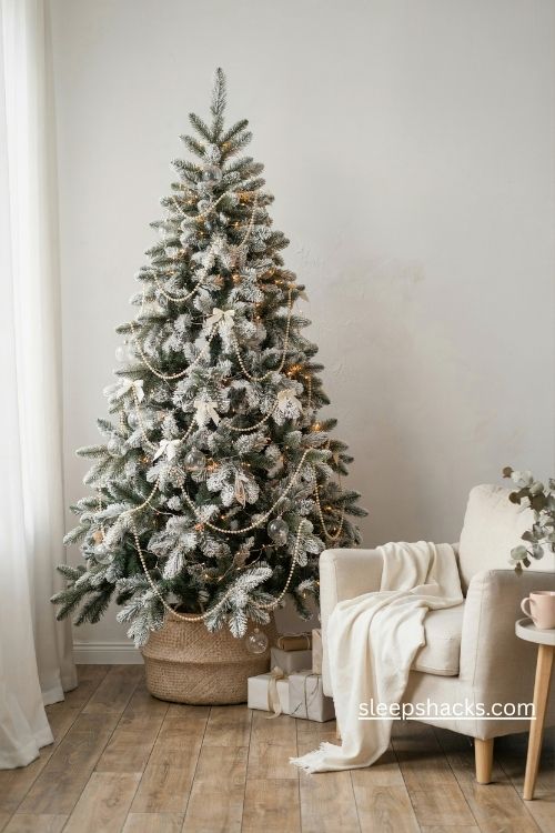 Blush pink flocked Christmas tree with cascading pearl garlands and ivory bows