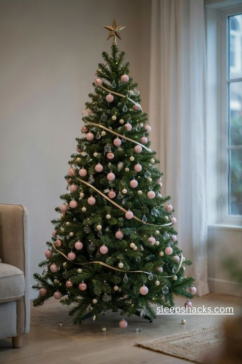 Blush pink mini ornament Christmas tree with tiny pearl baubles and delicate glass drops