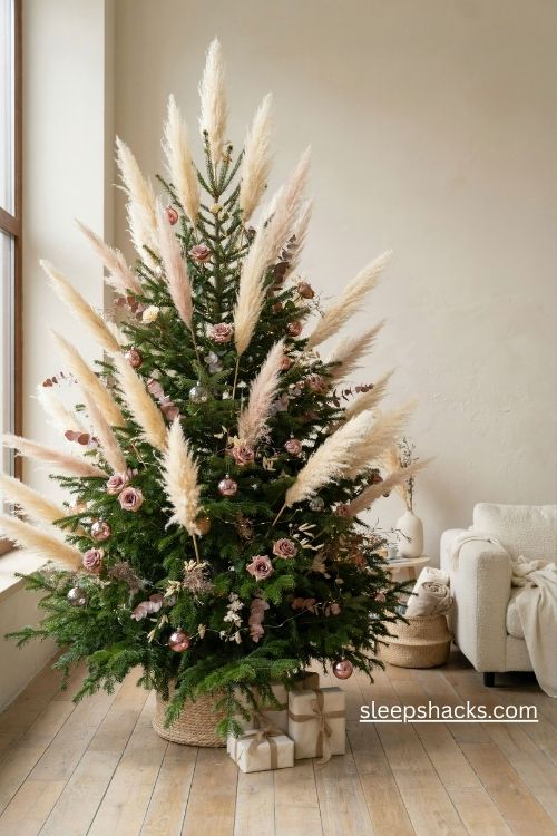 Blush pink pampas grass Christmas tree with dried flowers and natural boho decorations