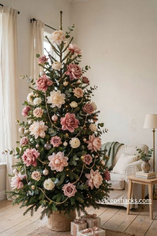Blush pink peonies and cream roses decorating a lush green Christmas tree