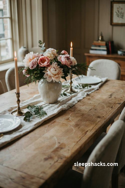 Blush pink peonies with cedar branches and eucalyptus in a Christmas vase