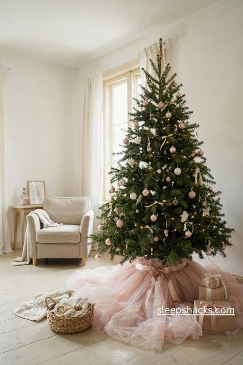 Blush pink tulle Christmas tree skirt with satin bow and delicate pearl ornaments