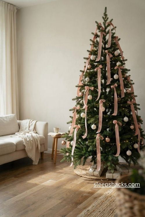 Blush pink velvet ribbon cascading down a green Christmas tree with white and gold ornaments