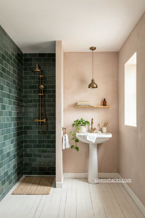 Blush pink walls with deep green tile bathroom and brass accents