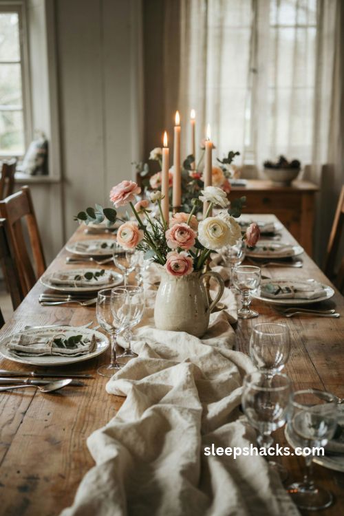 Blush ranunculus and seeded eucalyptus in a vintage ceramic pitcher for Christmas table decor