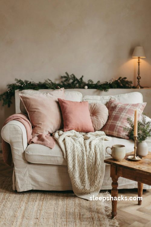 Blush velvet pillows and rose pink throws on a cozy cream sofa for a soft pink Christmas living room