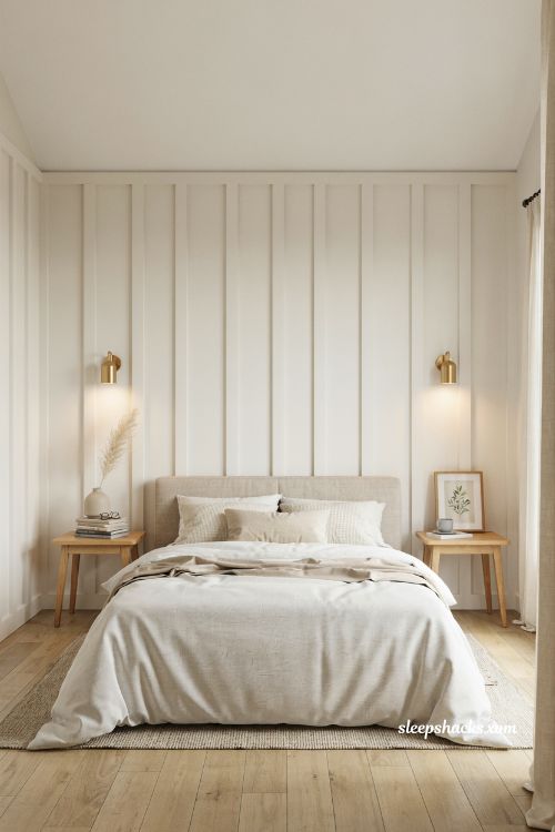 Board and batten bedroom wall ideas with warm white paneling and cozy neutral bedding 