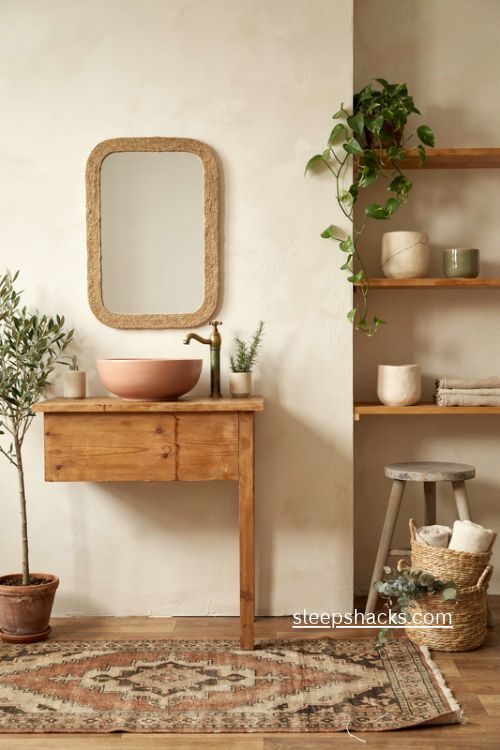 Boho bathroom ideas with warm wood woven textures and greenery