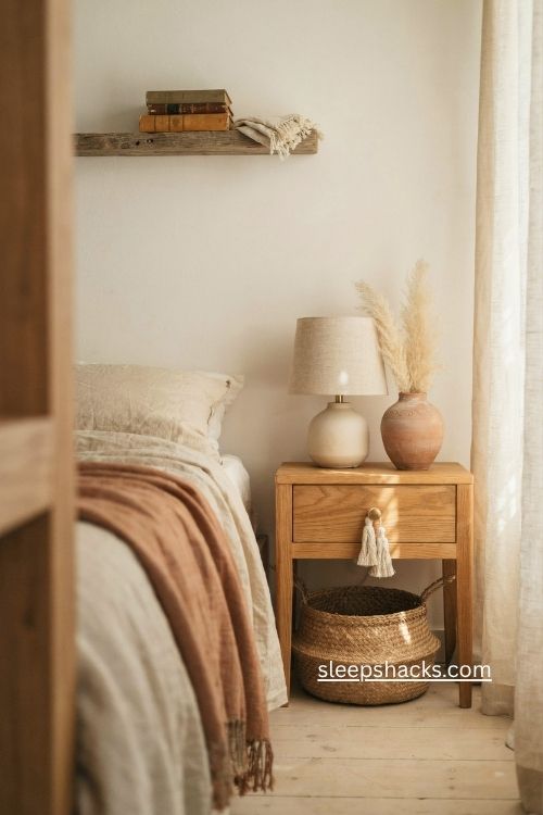 Boho bedroom nightstand with ivory tassels linen bedding and woven decor 