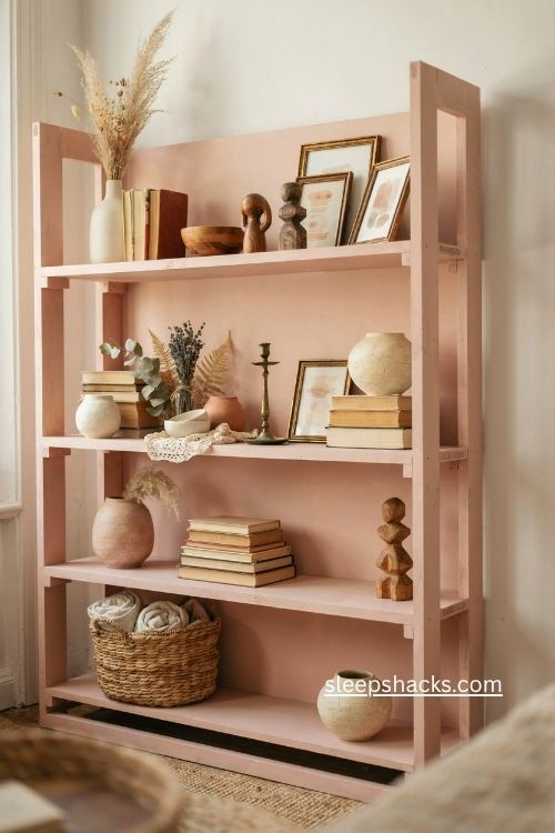 Boho bedroom with blush pink open shelves vintage ceramics heirlooms and collected decor 