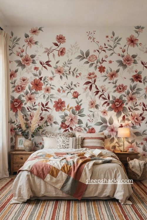 Boho bedroom with floral wallpaper striped rug and colorful layered bedding 