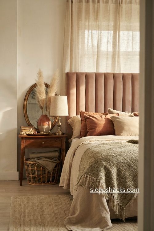 Boho bedroom with pink velvet headboard woven textures and subtle gold accents 