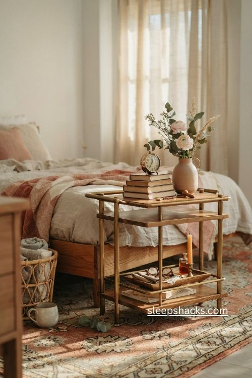 Boho bedroom with vintage bar cart nightstand rattan accents and fresh flowers 