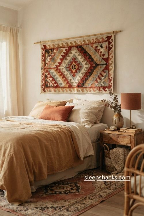 Boho bedroom with woven tapestry headboard bamboo pole and earthy layered decor 