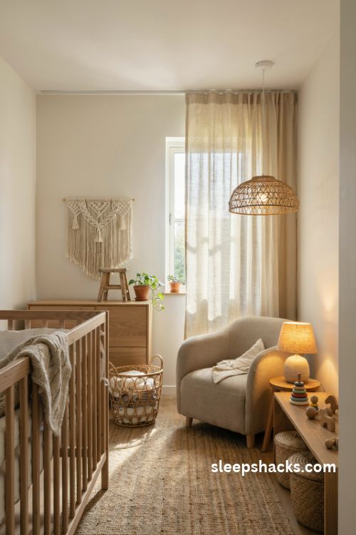 Boho gender neutral nursery with rattan baskets macrame wall decor and natural wood