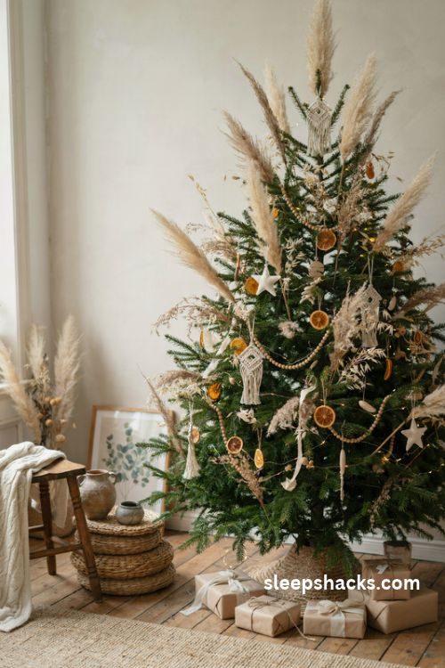 Boho neutral christmas tree with pampas grass dried oranges and wooden bead garlands