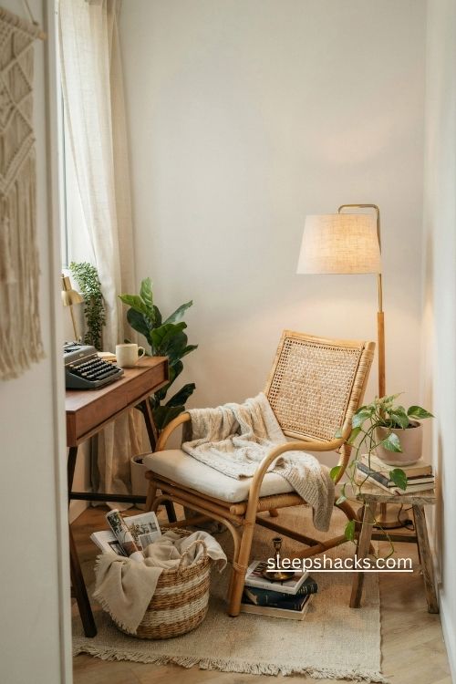 Boho office reading nook with rattan chair plants and cozy textures 