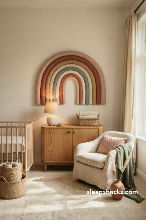 Boho rainbow wall art in a baby girl nursery with muted blush terracotta and sage green