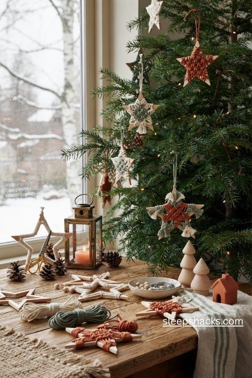 Boho star ornaments DIY with natural macrame cord in beige terracotta and sage green for cozy Christmas tree decor