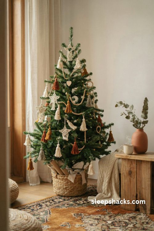 Boho yarn tassel christmas tree with cream rust mustard ornaments and a woven basket