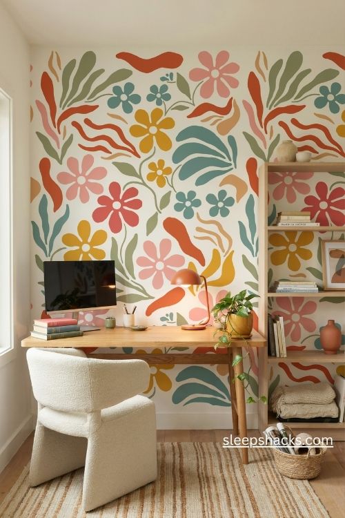 Bold peel and stick wallpaper in a funky home office with retro floral patterns and colorful decor 