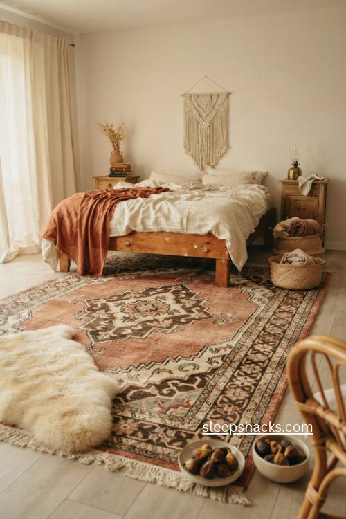 Bold vintage rug under bed boho bedroom ideas