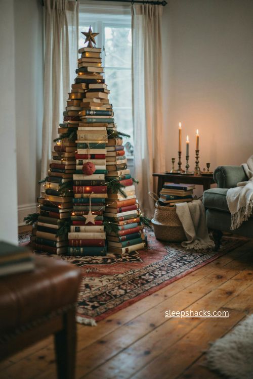 Book christmas tree with vintage novels and warm christmas lights in a cozy living room corner 