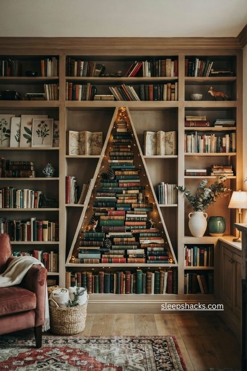 Bookshelf book christmas tree with twinkle lights and cozy vintage decor 