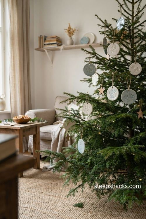 Botanical imprint ceramic christmas ornaments with pressed leaves and ferns