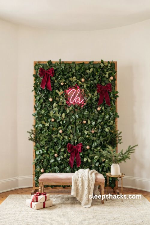 Boxwood greenery wall christmas backdrop with pink neon glow velvet bows and elegant holiday decor
