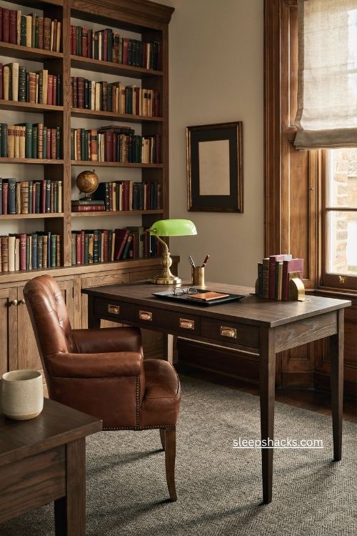 Brass and bronze accents with dark wood and leather in a masculine office