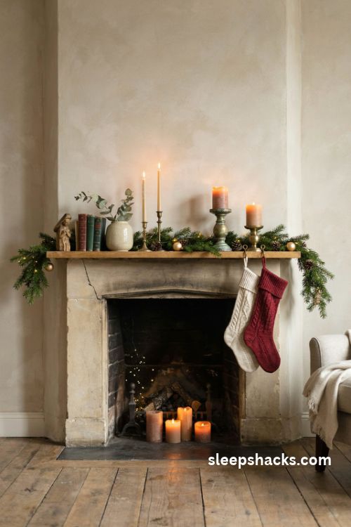 Brass candlestick christmas mantel with evergreen garland and warm golden candlelight