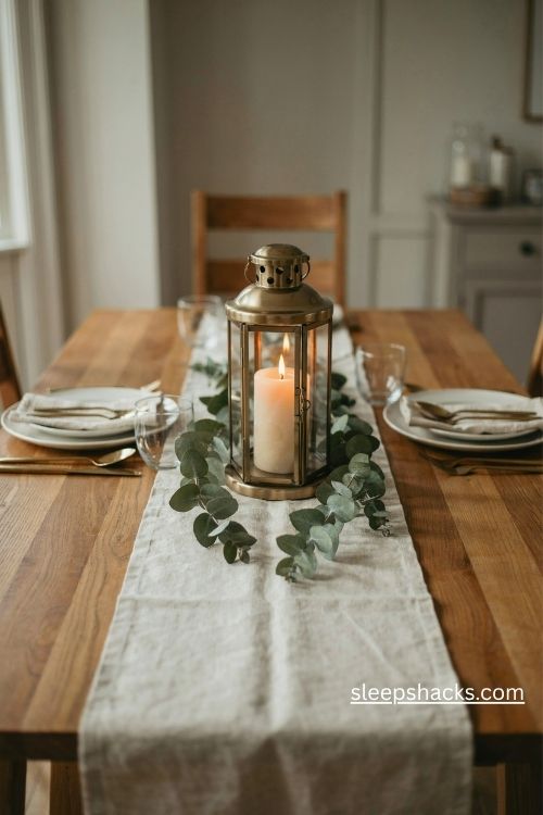 Brass lantern with eucalyptus centerpiece for an elegant and simple Christmas dining table