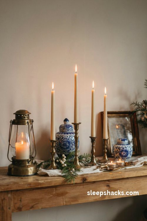Brass lanterns and vintage candlesticks with blue and white chinoiserie Christmas decor on a cozy console table
