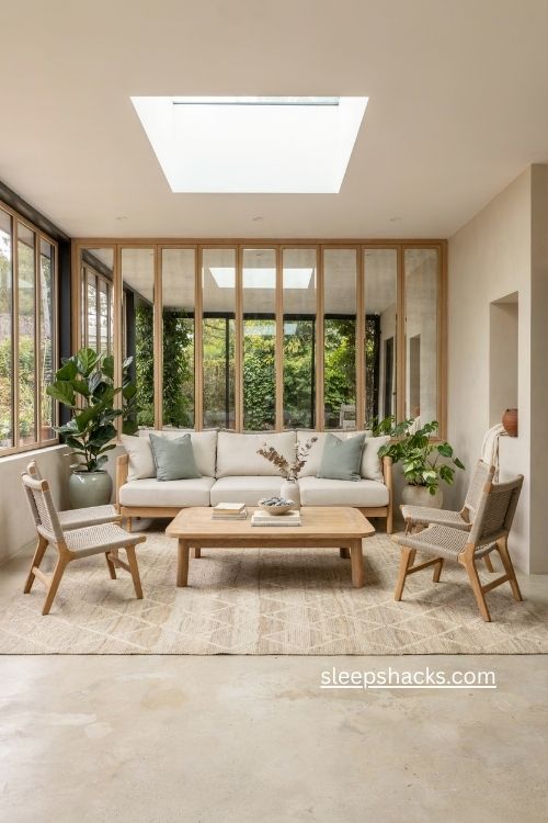 Bright enclosed patio ideas with skylight mirrors and neutral outdoor furniture
