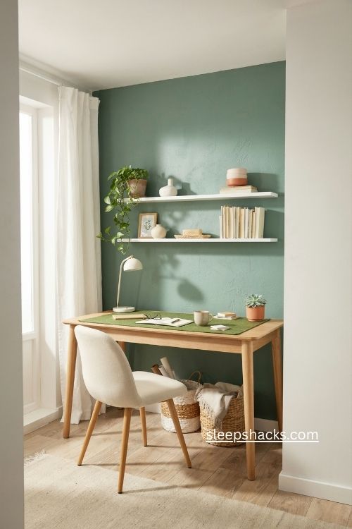 Bright green home office with fresh accent wall white shelving and wood accents
