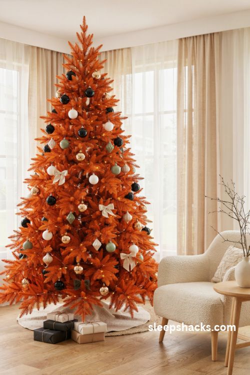 Bright orange faux christmas tree with black white and gold ornaments in a modern sunroom