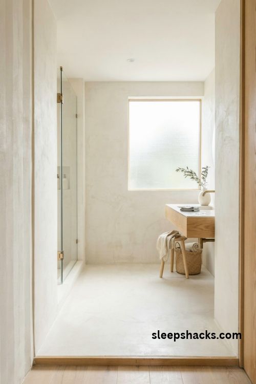 Bright white microcement bathroom with warm oak accents and soft natural light